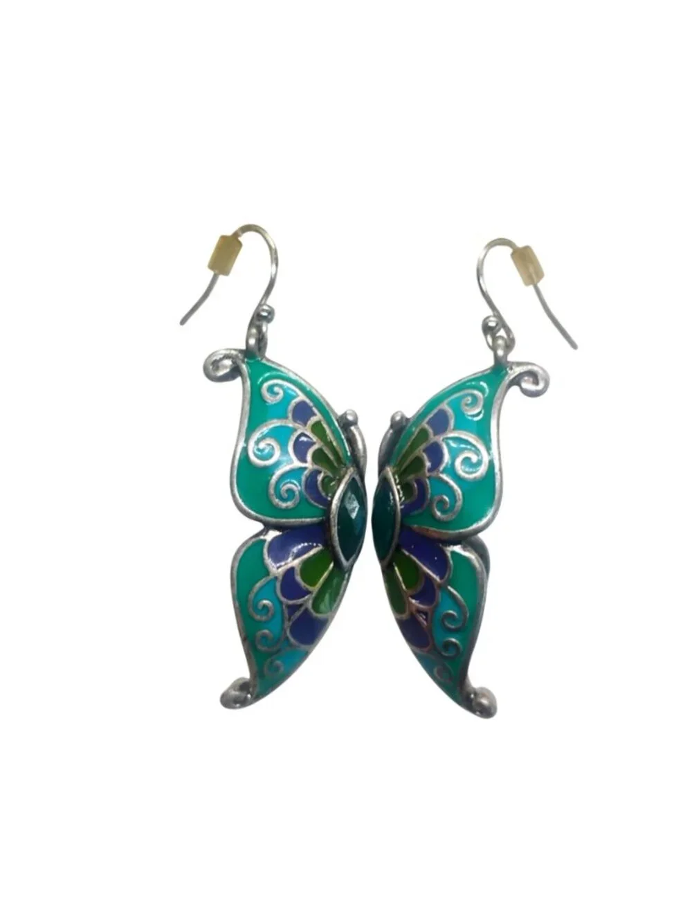 Double Sided Enamel Butterfly Wing Earrings Blue Purple Green Silver 1.5